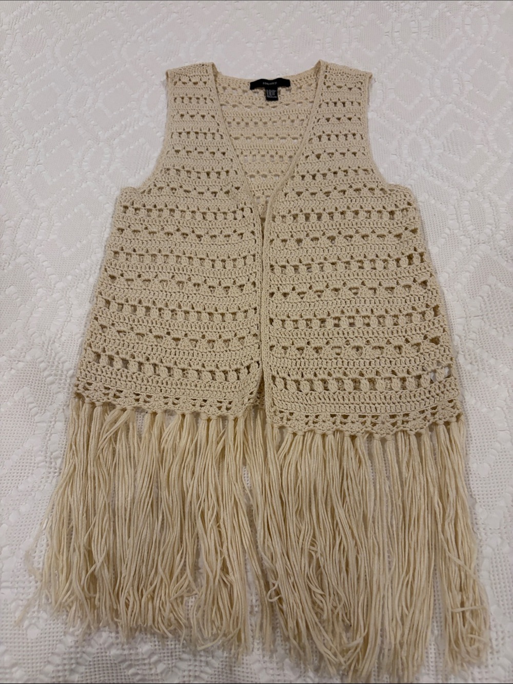 Forever 21 Cream Boho Crochet Fringe Vest